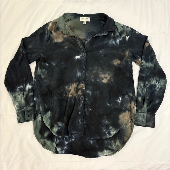 Cloth & Stone Anthropologie Tie-Dye Button Down Shirt in Black/Green/Brown - XL - Picture 2 of 16